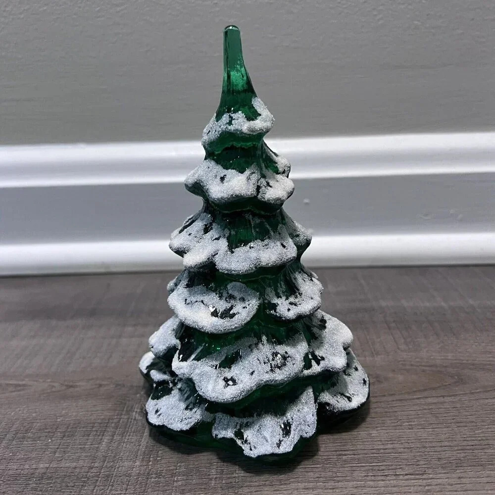 Fenton Art Glass Christmas Tree Figurine Green Frosted Gold Bird Set Of 3 VTG - Picture 5 of 14